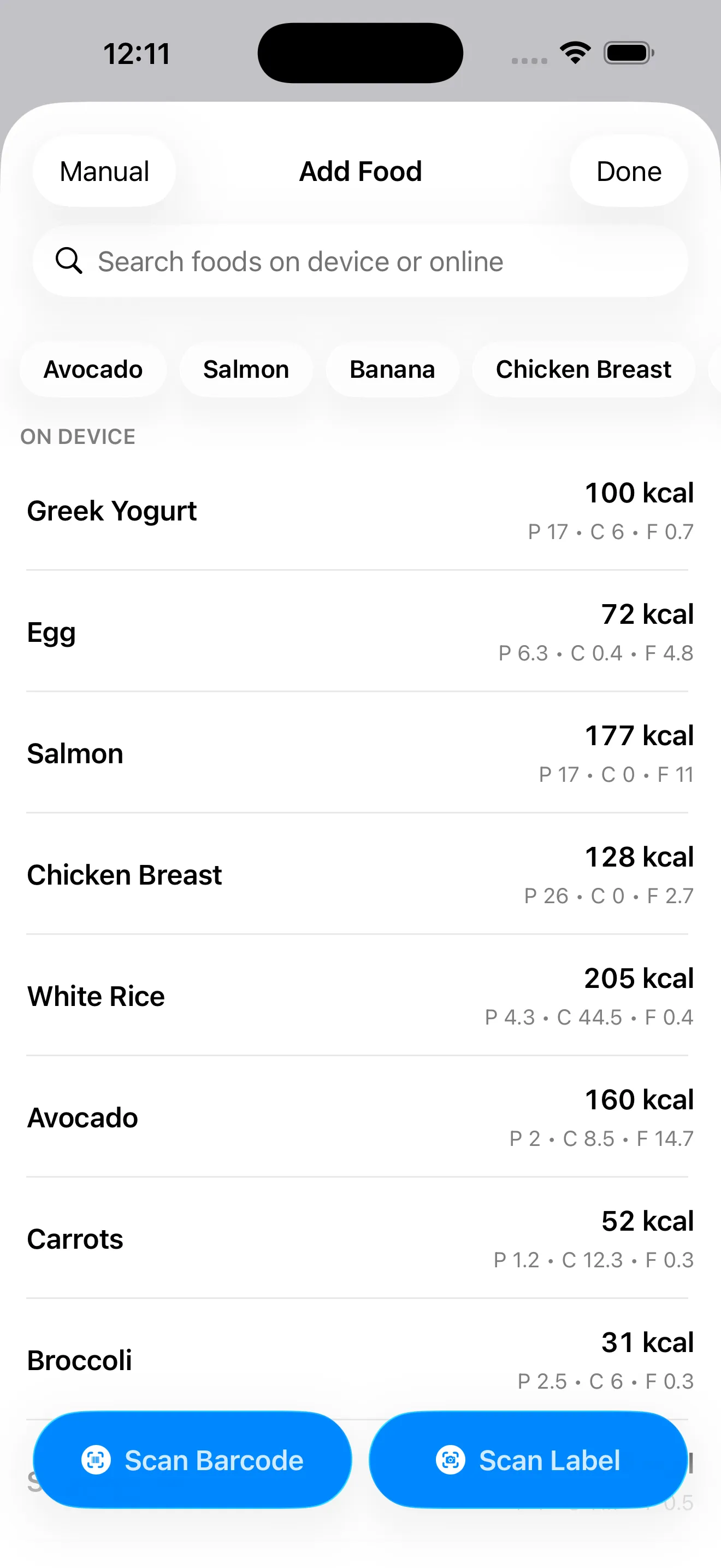 MACROS add food screen with search, common foods, barcode scan, and label scan actions