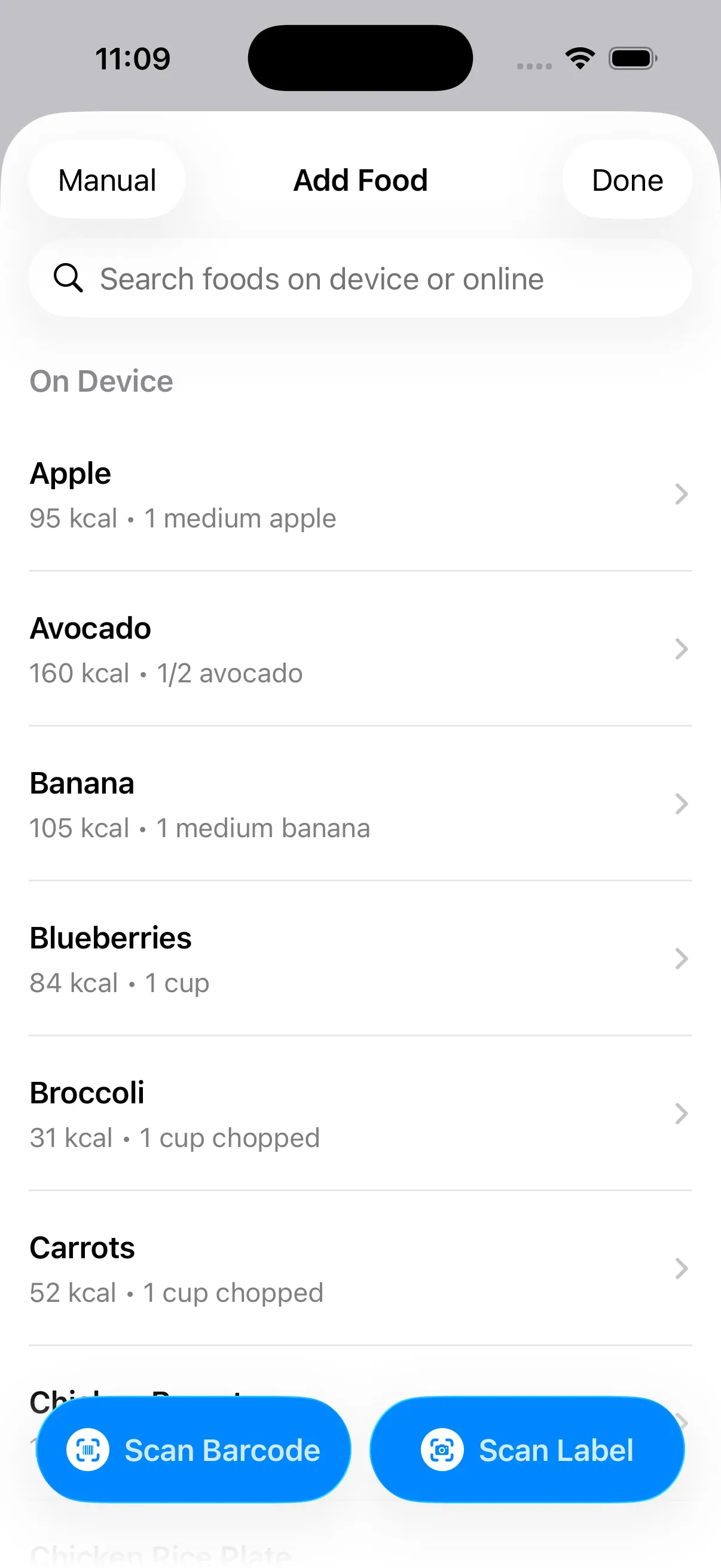 MACROS add food screen with search, common foods, barcode scan, and label scan actions