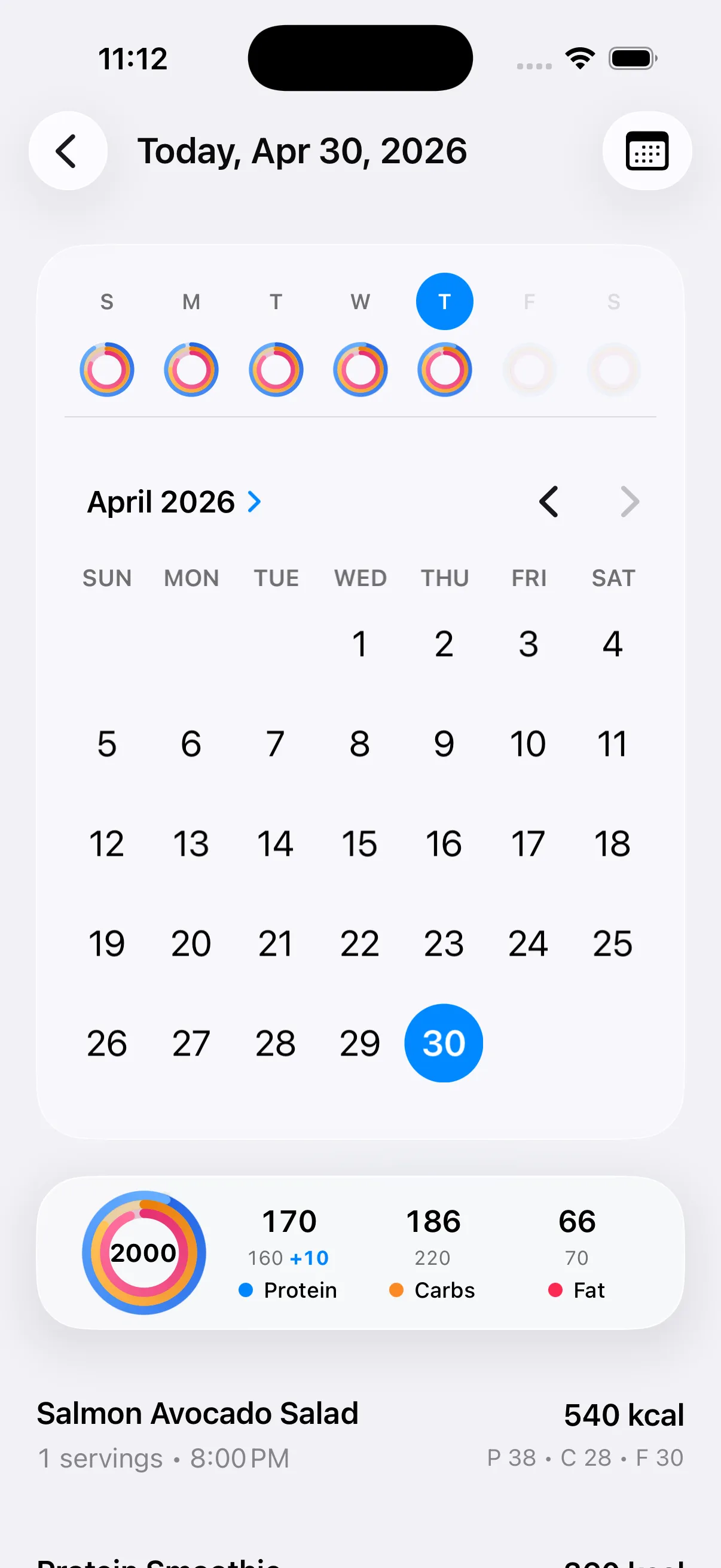 MACROS expanded calendar history view with macro progress