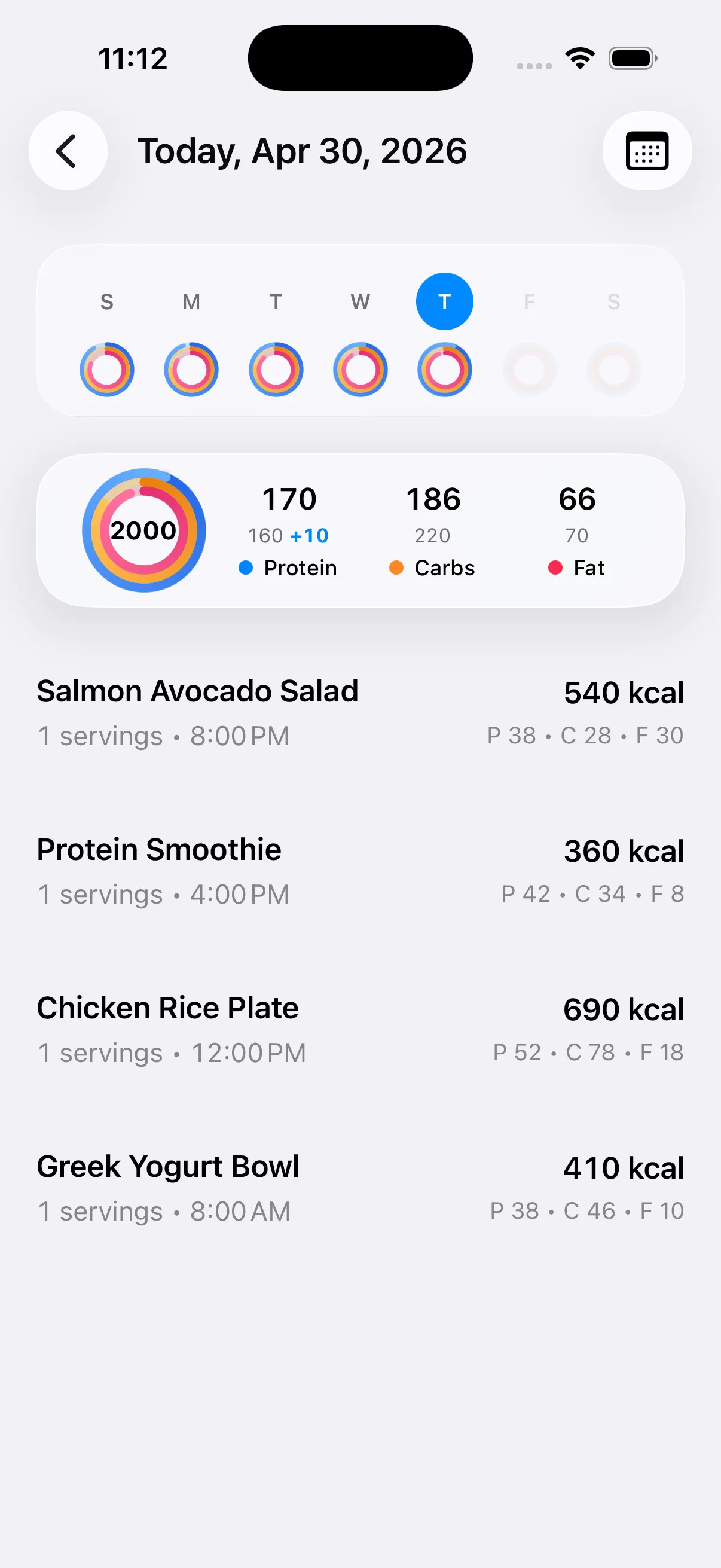 MACROS history screen with a full week of logged food progress