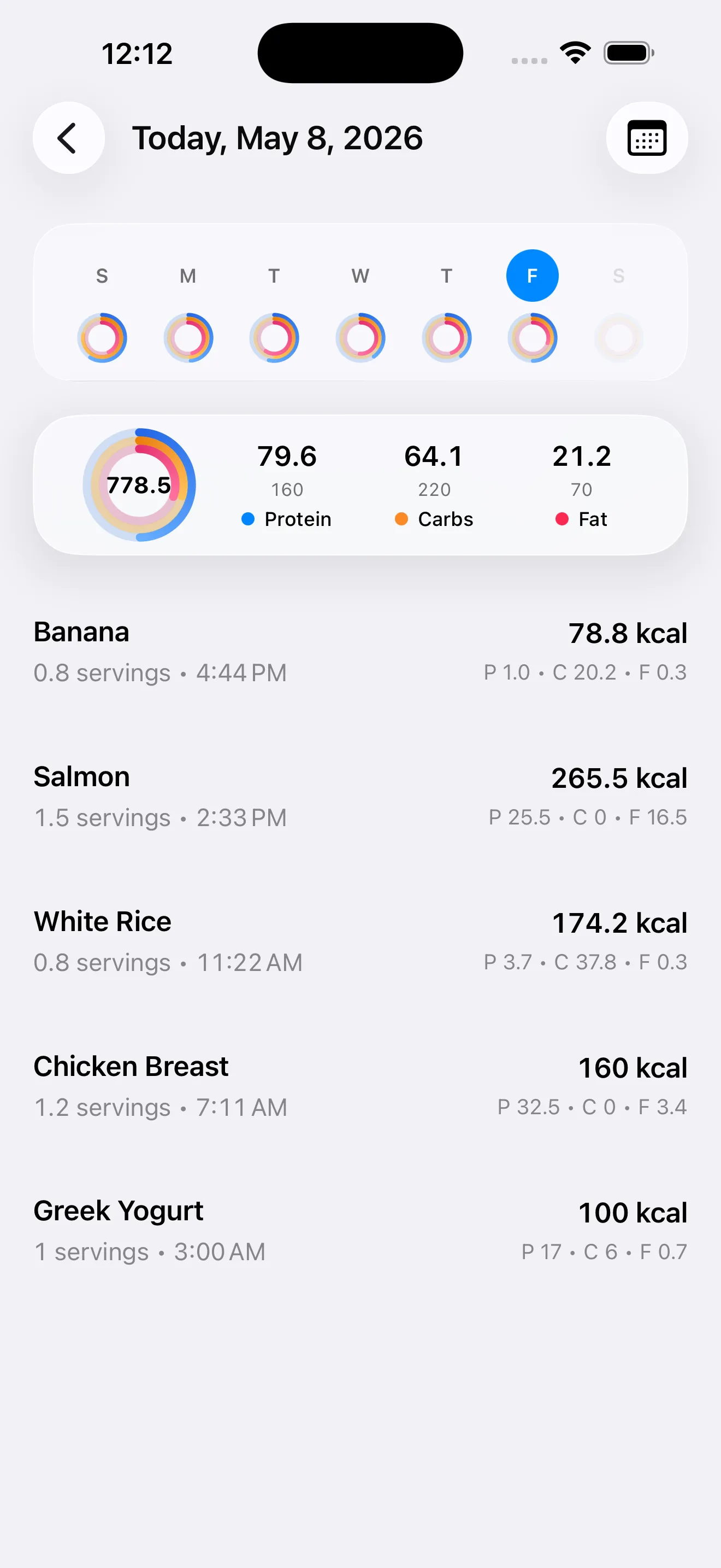 MACROS history screen with a full week of logged food progress