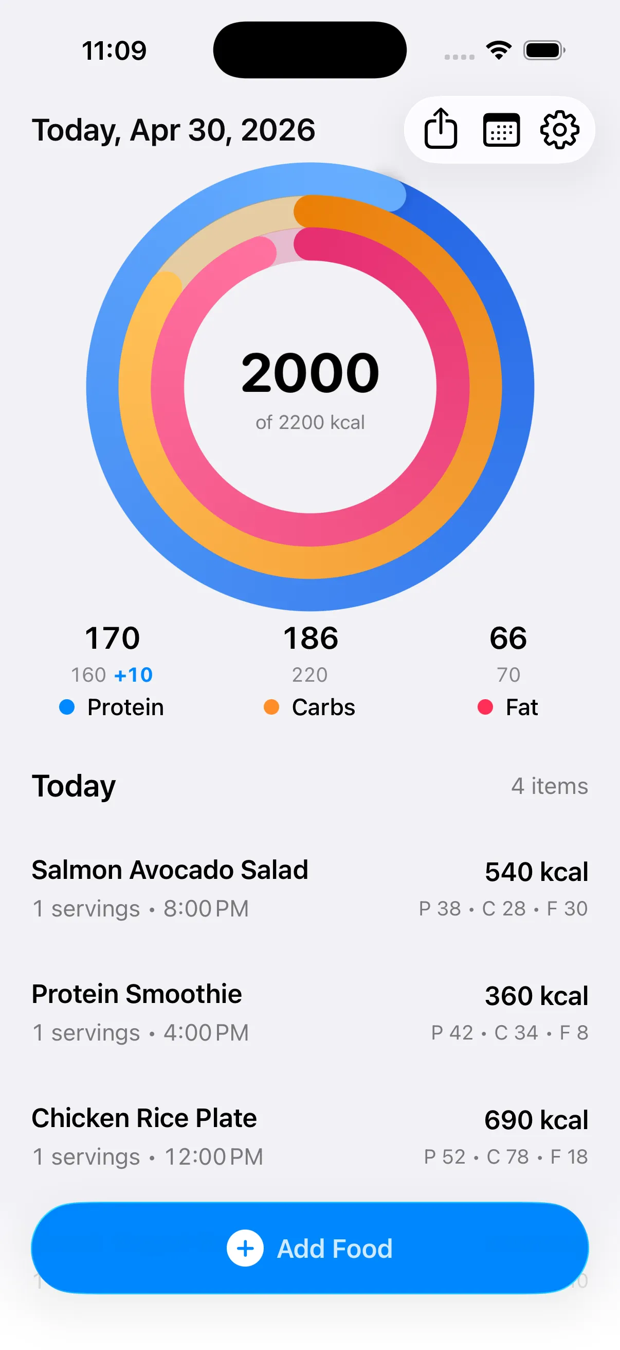 MACROS dashboard with a full day of food logged