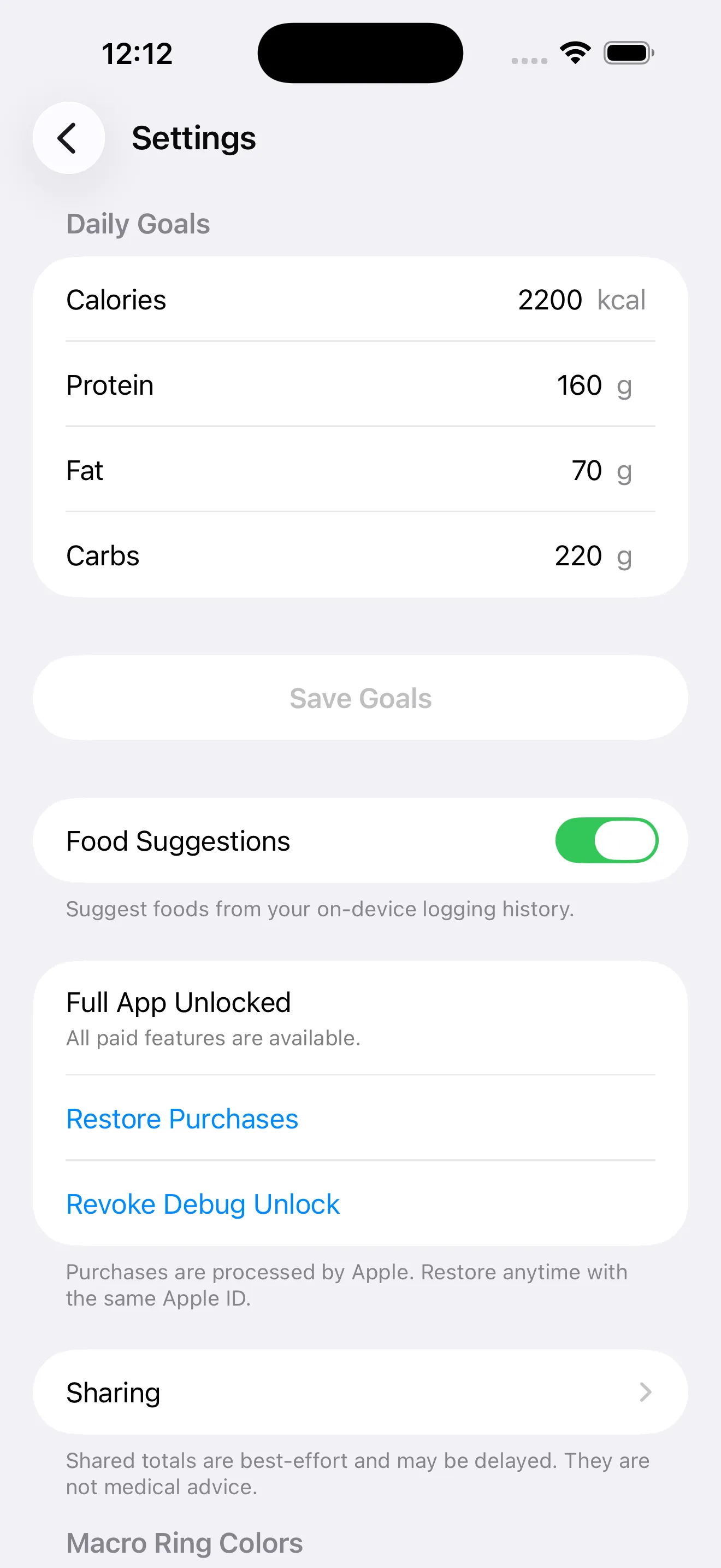 MACROS settings screen with goals and saved custom foods