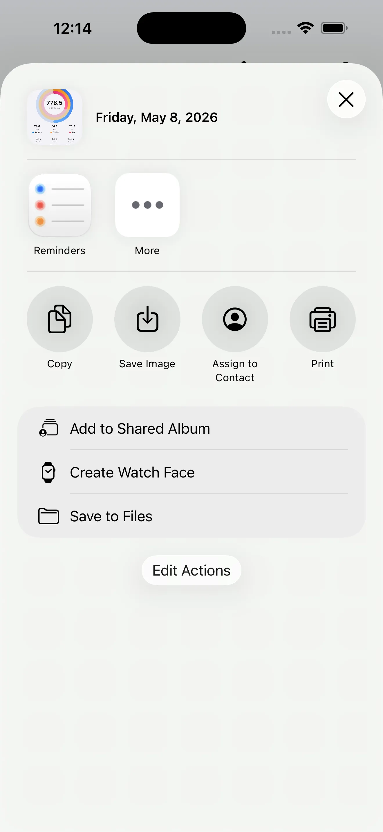 iOS share sheet for a MACROS daily summary image