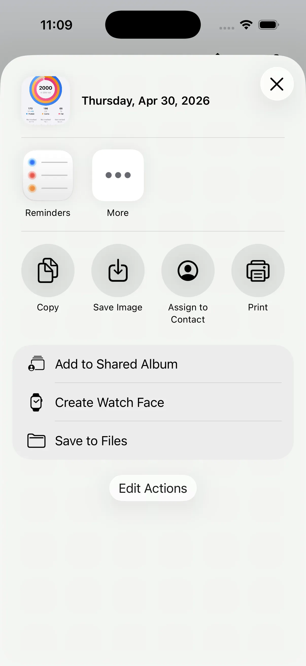 iOS share sheet for a MACROS daily summary image