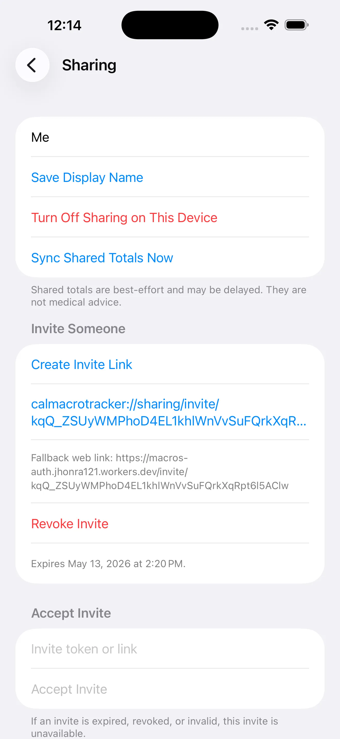 MACROS sharing settings screen with invite link controls